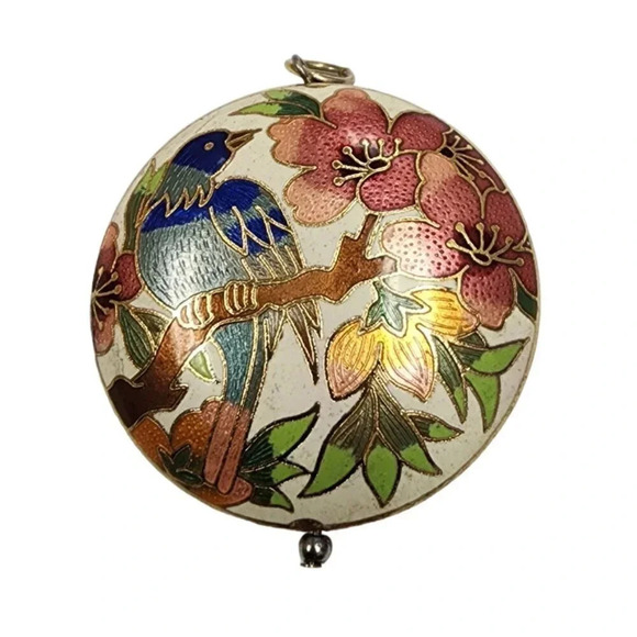 Vintage 60s-70s Multicolor Enamel Floral Bird Cloisonné Enamel Round Pendant - Picture 1 of 2